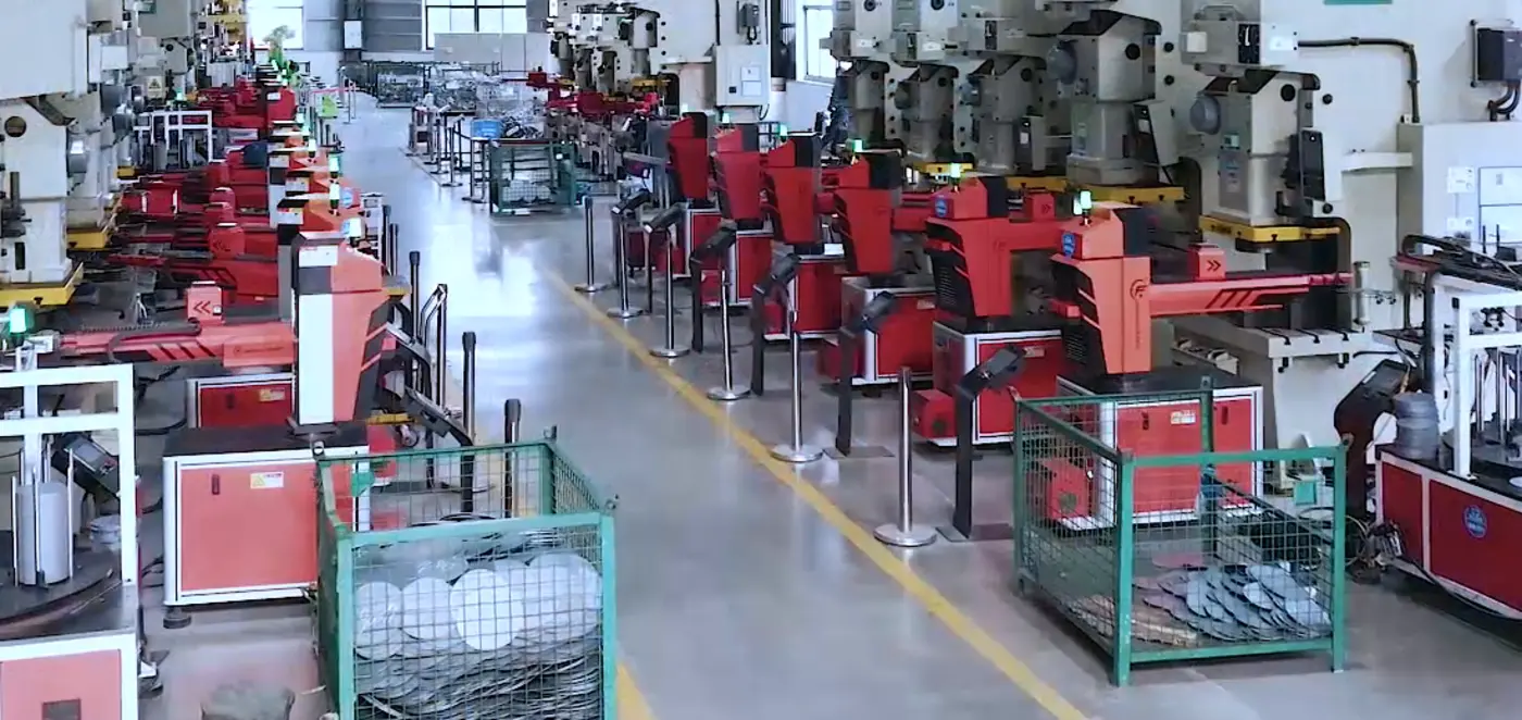 Industrial production line with red equipment in a selected manufacturing program